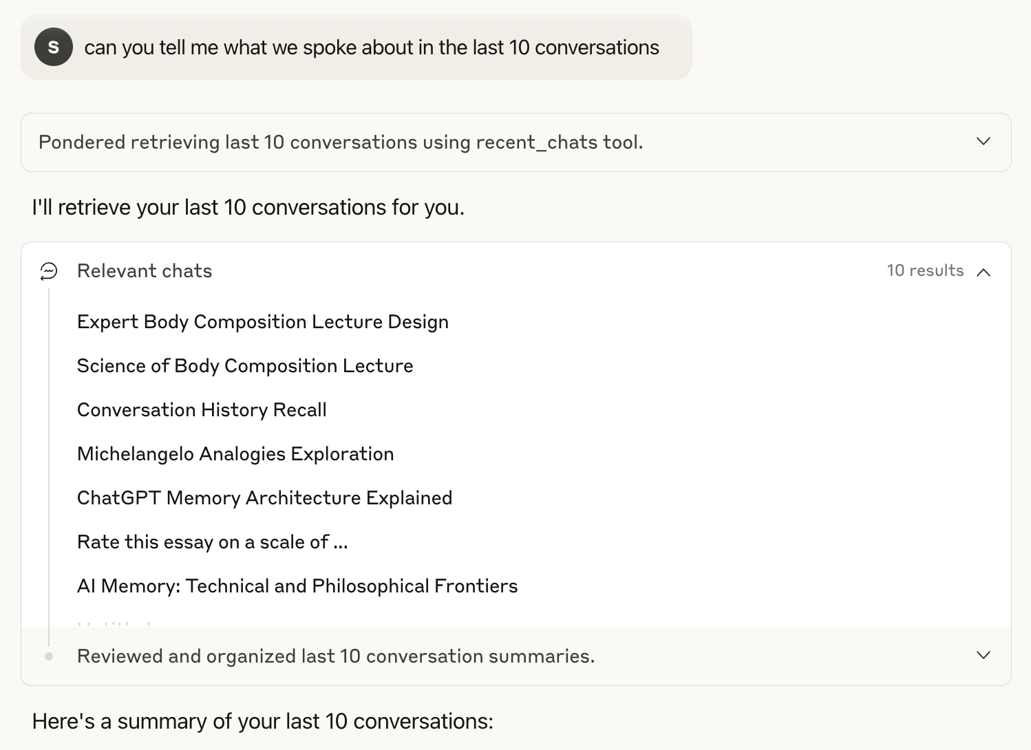 Claude retrieving last 10 conversations