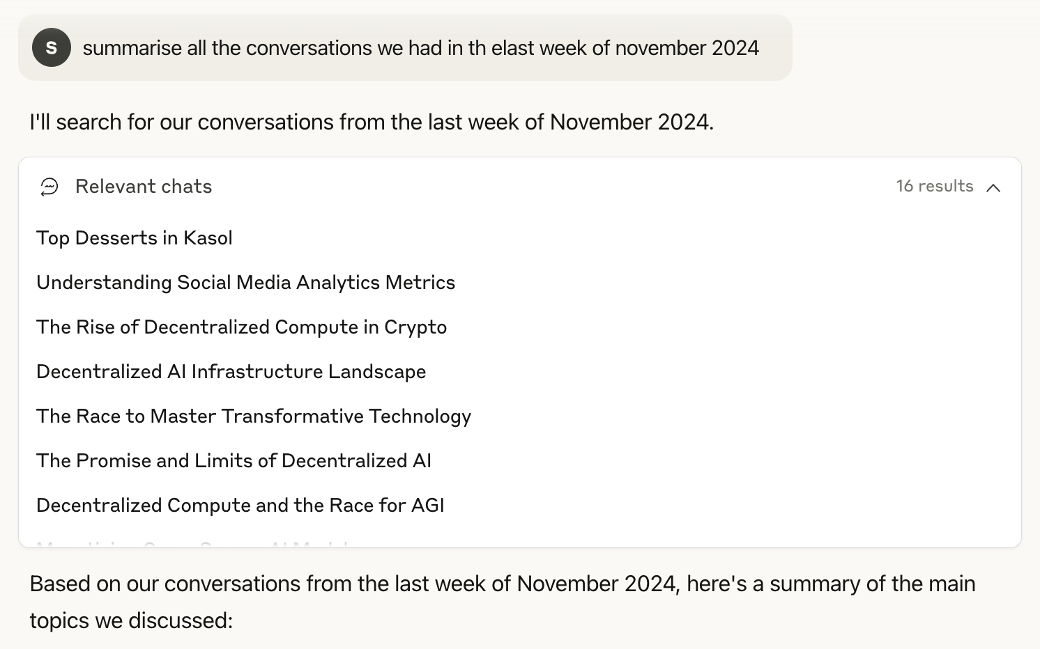 Claude retrieving conversations from November 2024